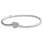 Pandora Moments Women's Sterling Silver Snake Chain Charm Bracelet with Pave Heart Clasp